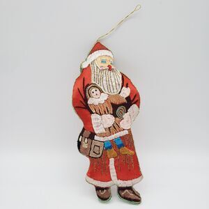 Vintage Asian Silk Embroidered Fabric Gold Thread Christmas Santa Ornament